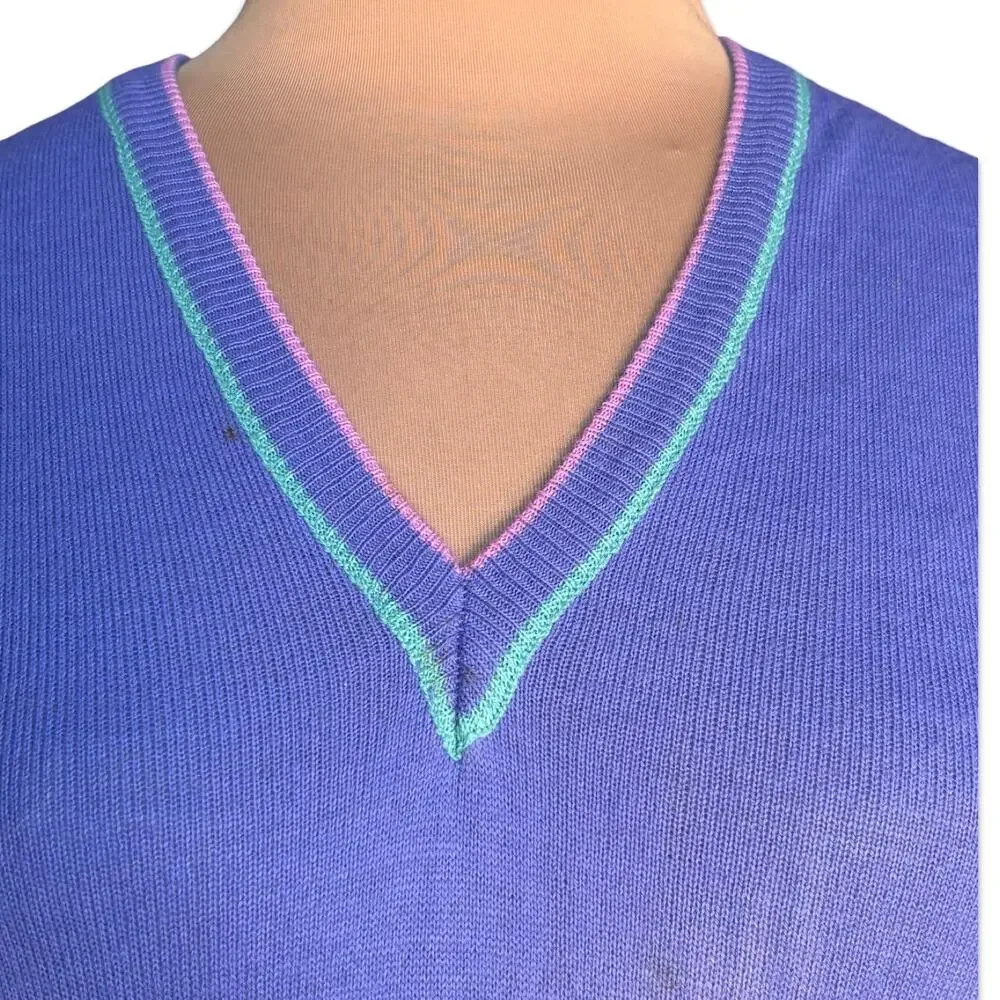 Vintage 90s Purple Sweater Vest V Neck Preppy Tennis Country Club Knit Medium